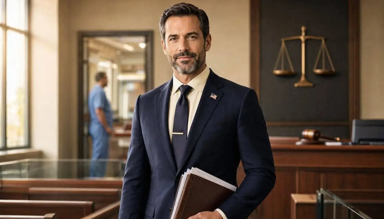 a confident American medical malpractice lawyer standing inside a modern courtroom, wearing an elegant navy suit while holding legal documents