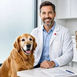 image showing a happy golden retriever and a healthy tabby cat sitting beside a smiling Canadian veterinarian