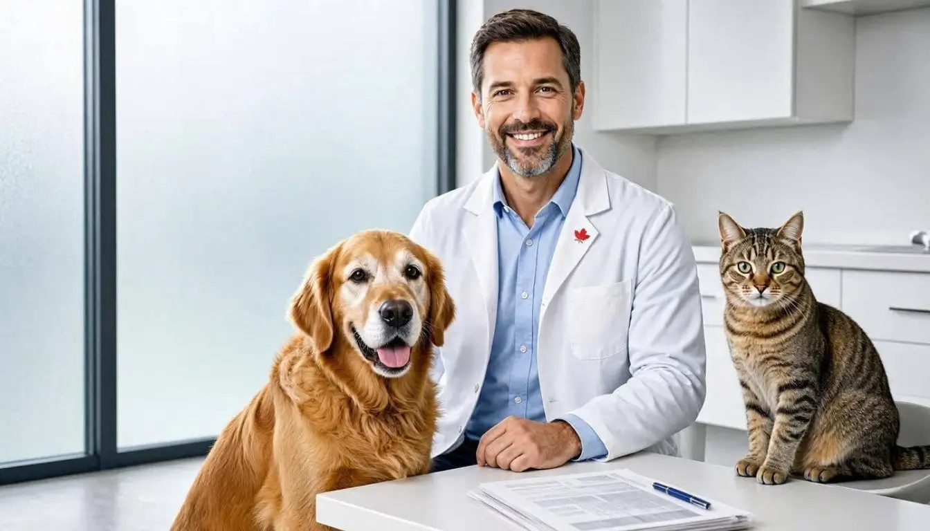 image showing a happy golden retriever and a healthy tabby cat sitting beside a smiling Canadian veterinarian