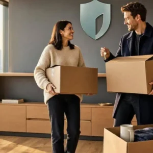Modern Canadian apartment with a young professional couple moving into a stylish condo, boxes,
