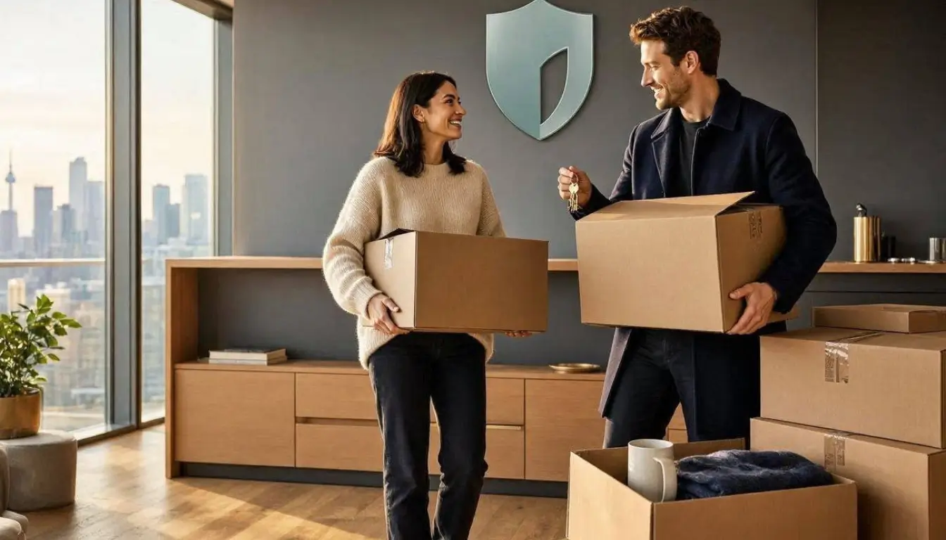 Modern Canadian apartment with a young professional couple moving into a stylish condo, boxes,