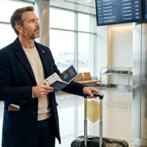 an American traveler standing in a modern airport terminal with a carry-on suitcase and passport, looking at a flight information display,