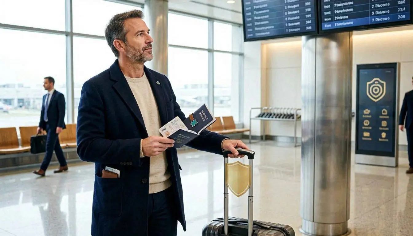 an American traveler standing in a modern airport terminal with a carry-on suitcase and passport, looking at a flight information display,