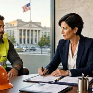 an American workers compensation attorney helping an injured construction worker inside a modern law office. Safety helmet, legal files