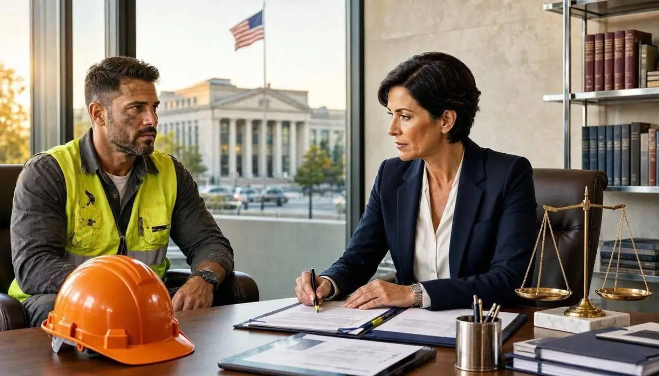 an American workers compensation attorney helping an injured construction worker inside a modern law office. Safety helmet, legal files