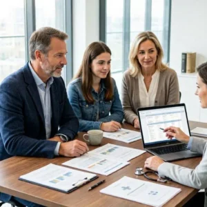 American family meeting with a healthcare advisor in a modern office