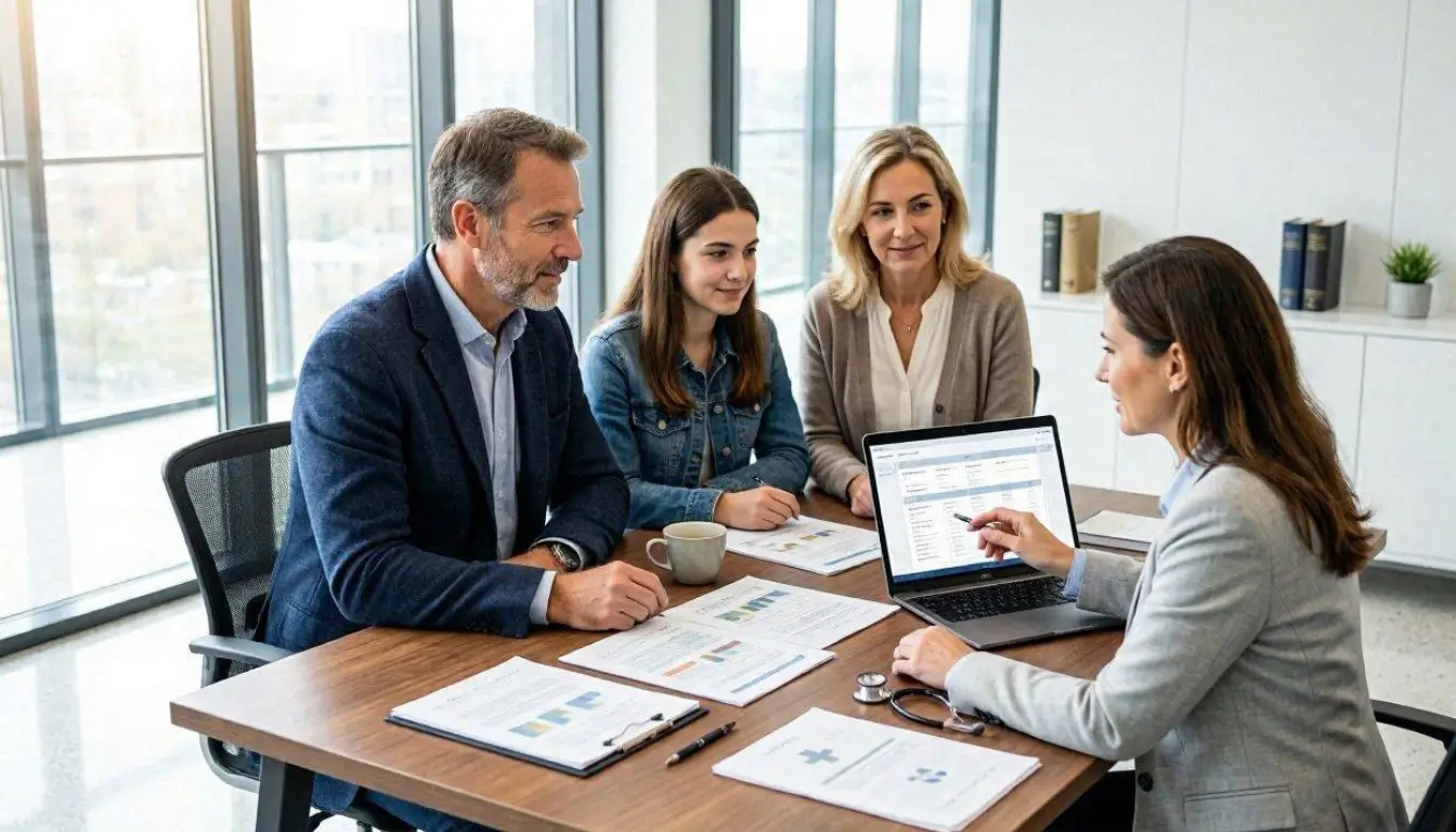 American family meeting with a healthcare advisor in a modern office