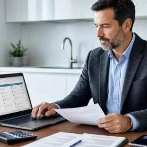 an American adult reviewing UnitedHealthcare-style health insurance plan options and monthly premium costs on a laptop at a modern kitchen table, smartphone, health insurance documents and calculator nearby