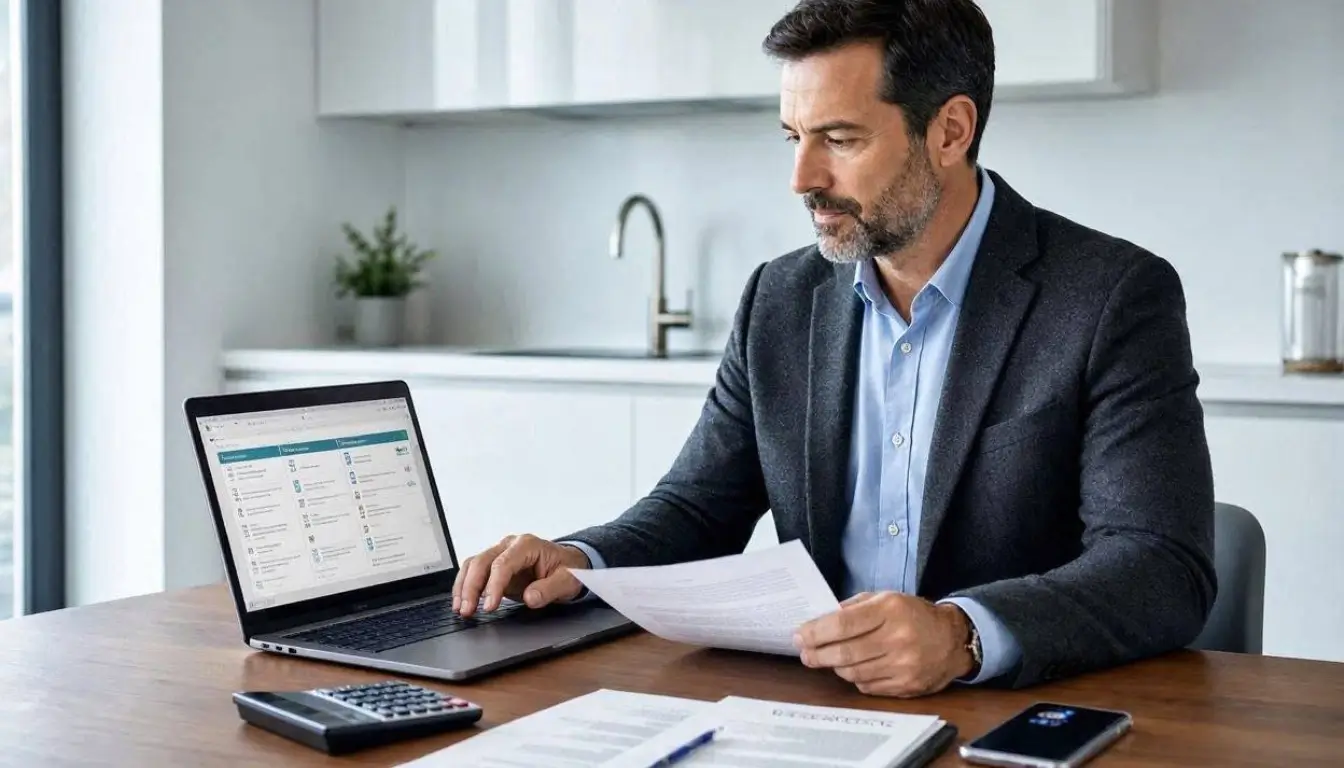 an American adult reviewing UnitedHealthcare-style health insurance plan options and monthly premium costs on a laptop at a modern kitchen table, smartphone, health insurance documents and calculator nearby