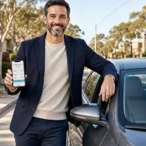 Australian driver standing beside a modern car in a contemporary Melbourne or Sydney suburban setting, holding a smartphone showing a generic car insurance comparison