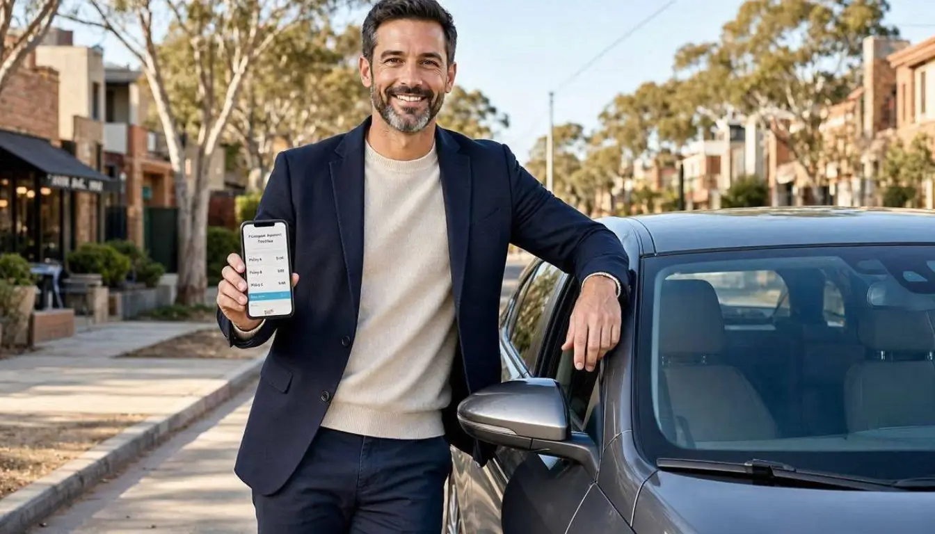 Australian driver standing beside a modern car in a contemporary Melbourne or Sydney suburban setting, holding a smartphone showing a generic car insurance comparison