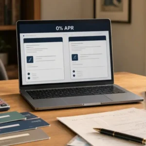 an American couple reviewing credit card repayment options on a laptop, budget worksheet