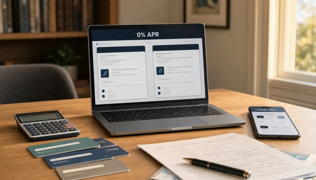 an American couple reviewing credit card repayment options on a laptop, budget worksheet