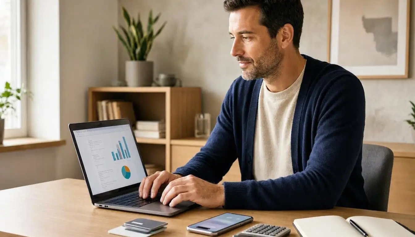 an American adult using a laptop to compare personal finance options in a modern home office