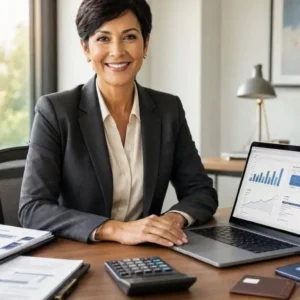 Premium editorial finance photography for a leading U.S. small-business finance publication, successful American small-business owner working at a modern professional office desk