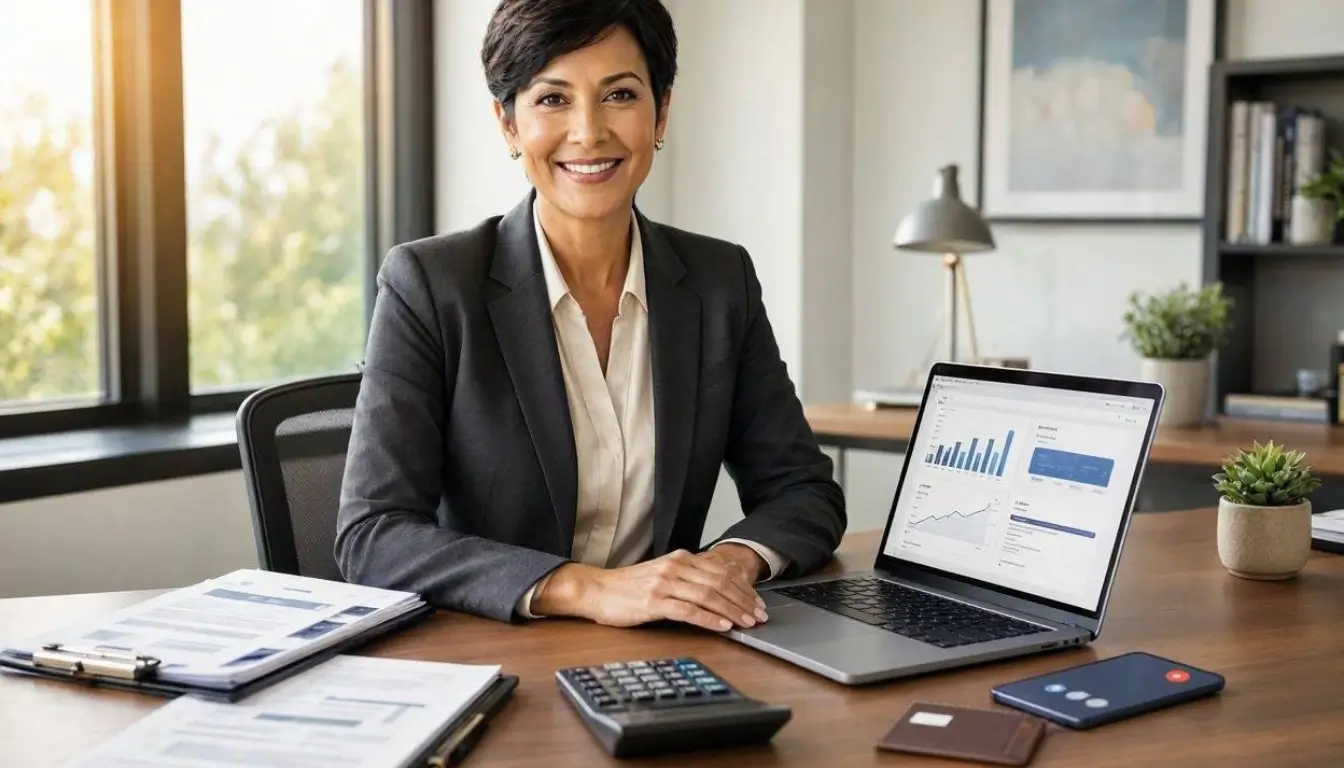 Premium editorial finance photography for a leading U.S. small-business finance publication, successful American small-business owner working at a modern professional office desk