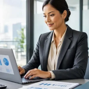 an American small business owner reviewing business financing options on a laptop inside a modern professional office.