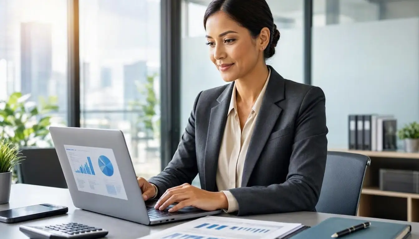 an American small business owner reviewing business financing options on a laptop inside a modern professional office.