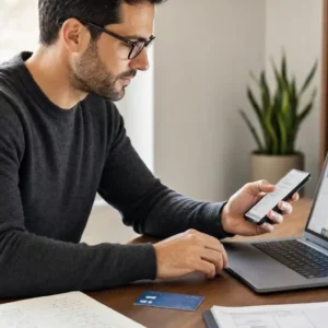 an American consumer managing a checking account through a laptop and smartphone at a modern home office, digital banking dashboard visible but generic and unreadable, debit card, notebook and personal budget on desk,