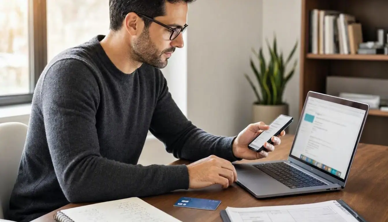 an American consumer managing a checking account through a laptop and smartphone at a modern home office, digital banking dashboard visible but generic and unreadable, debit card, notebook and personal budget on desk,