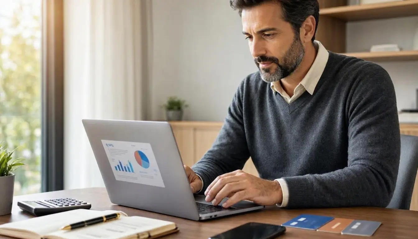 an American consumer comparing personal finance offers on a laptop in a sophisticated modern home office