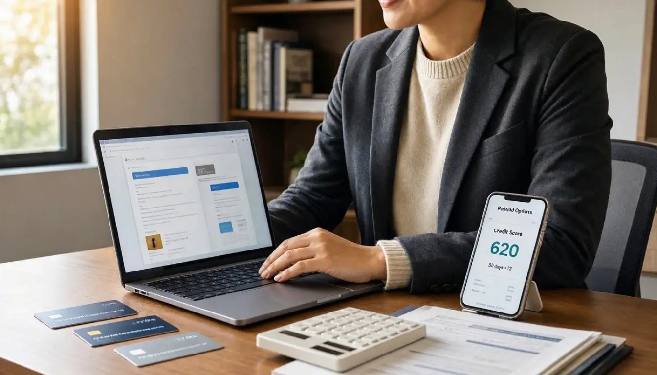American consumer with damaged credit history reviewing credit card rebuilding options on a laptop
