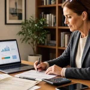 an American consumer organizing multiple household debts on a modern desk, laptop displaying a generic debt consolidation comparison dashboard with abstract charts, several generic financial statements