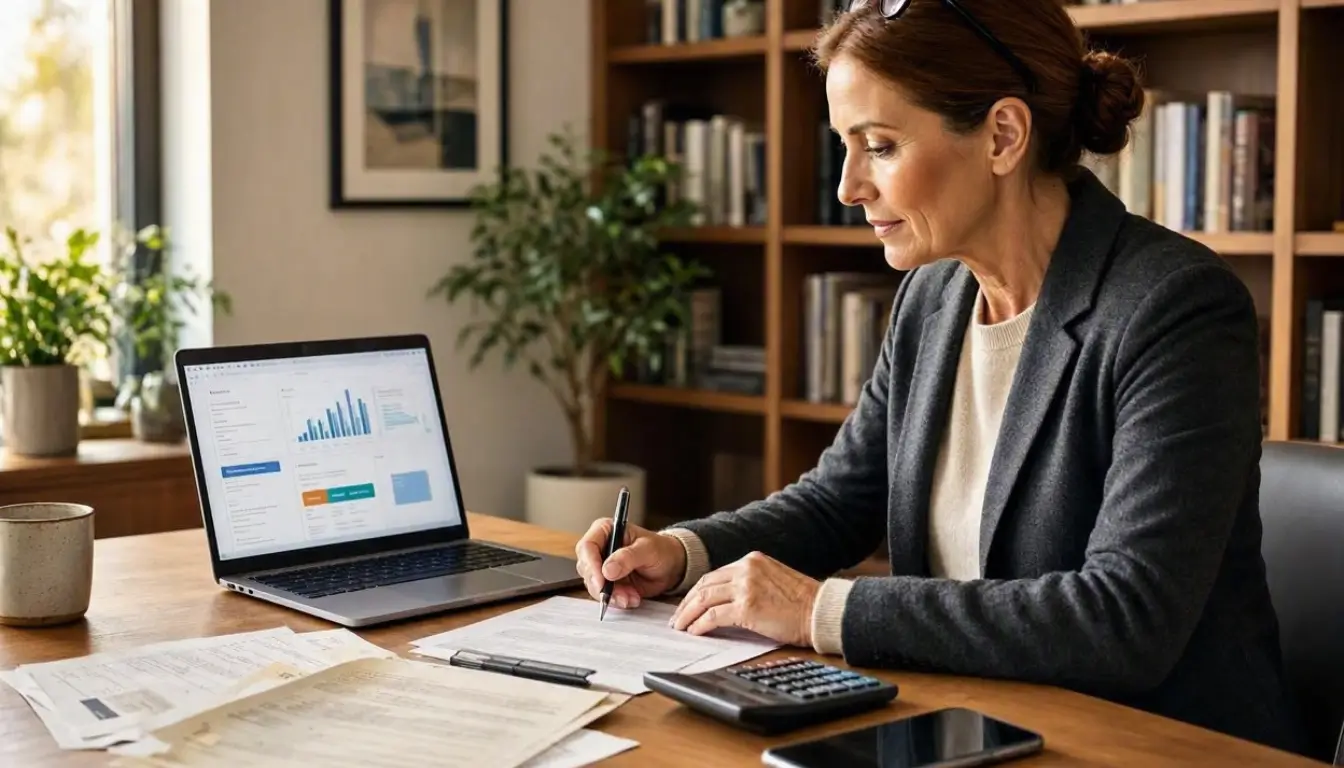 an American consumer organizing multiple household debts on a modern desk, laptop displaying a generic debt consolidation comparison dashboard with abstract charts, several generic financial statements
