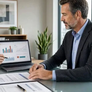Professional editorial photography of an American professional meeting with an insurance advisor to review disability insurance and income protection options