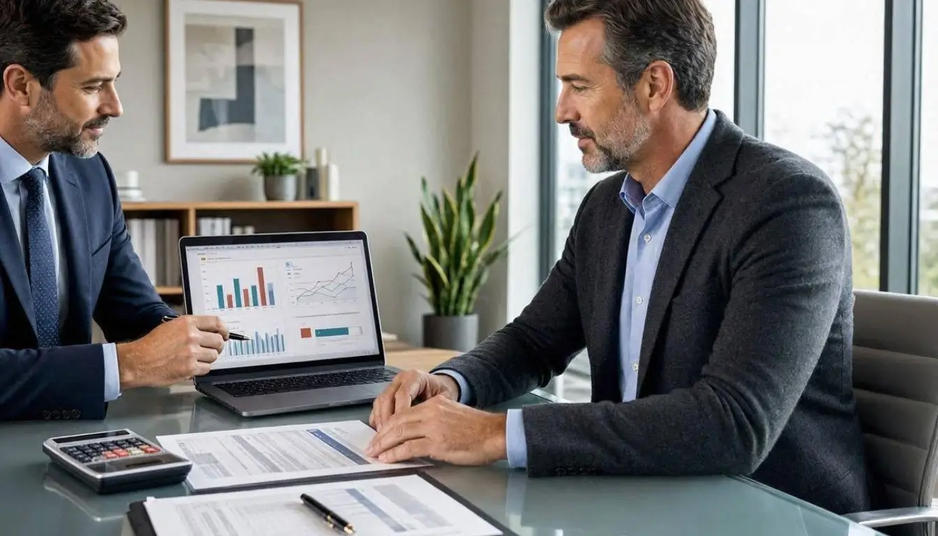 Professional editorial photography of an American professional meeting with an insurance advisor to review disability insurance and income protection options