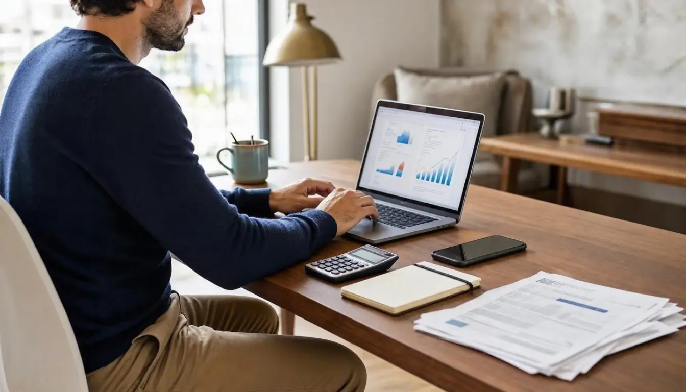 an American saver reviewing a high-yield savings account on a laptop, smartphone banking app, calculator and savings documents on a modern desk,