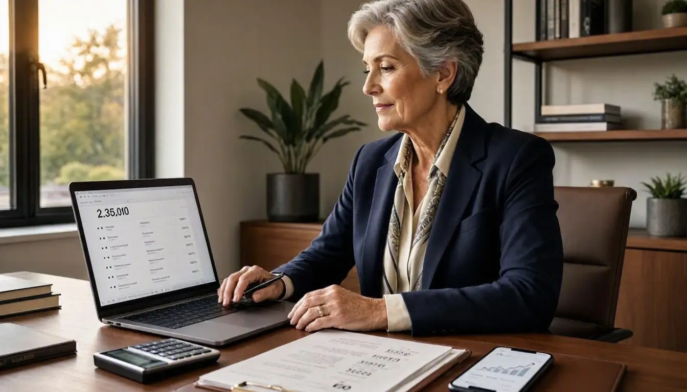 an American saver reviewing a large savings balance and high-yield savings account options on a laptop