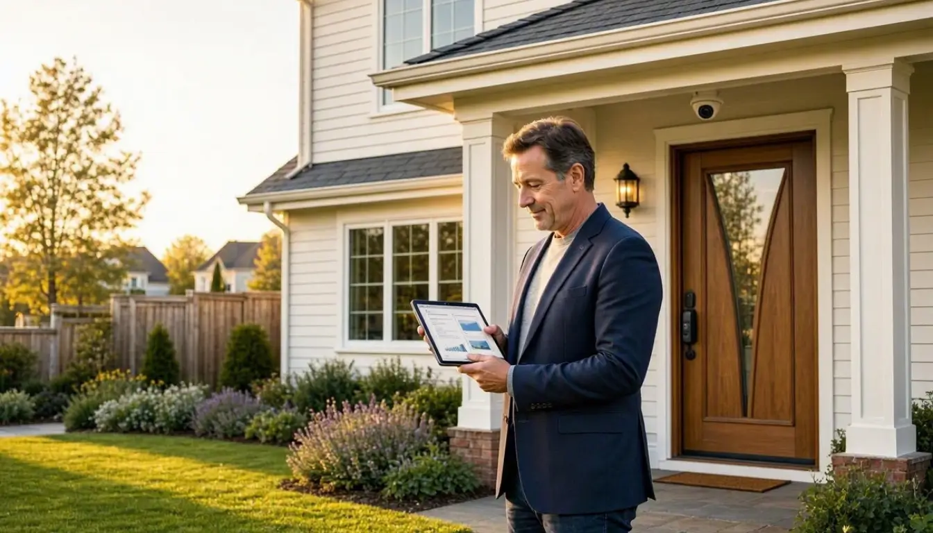 a beautiful American suburban home with a well-maintained front yard during warm golden-hour daylight