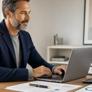 a financially successful American adult reviewing money market account rates on a laptop in an elegant modern home office