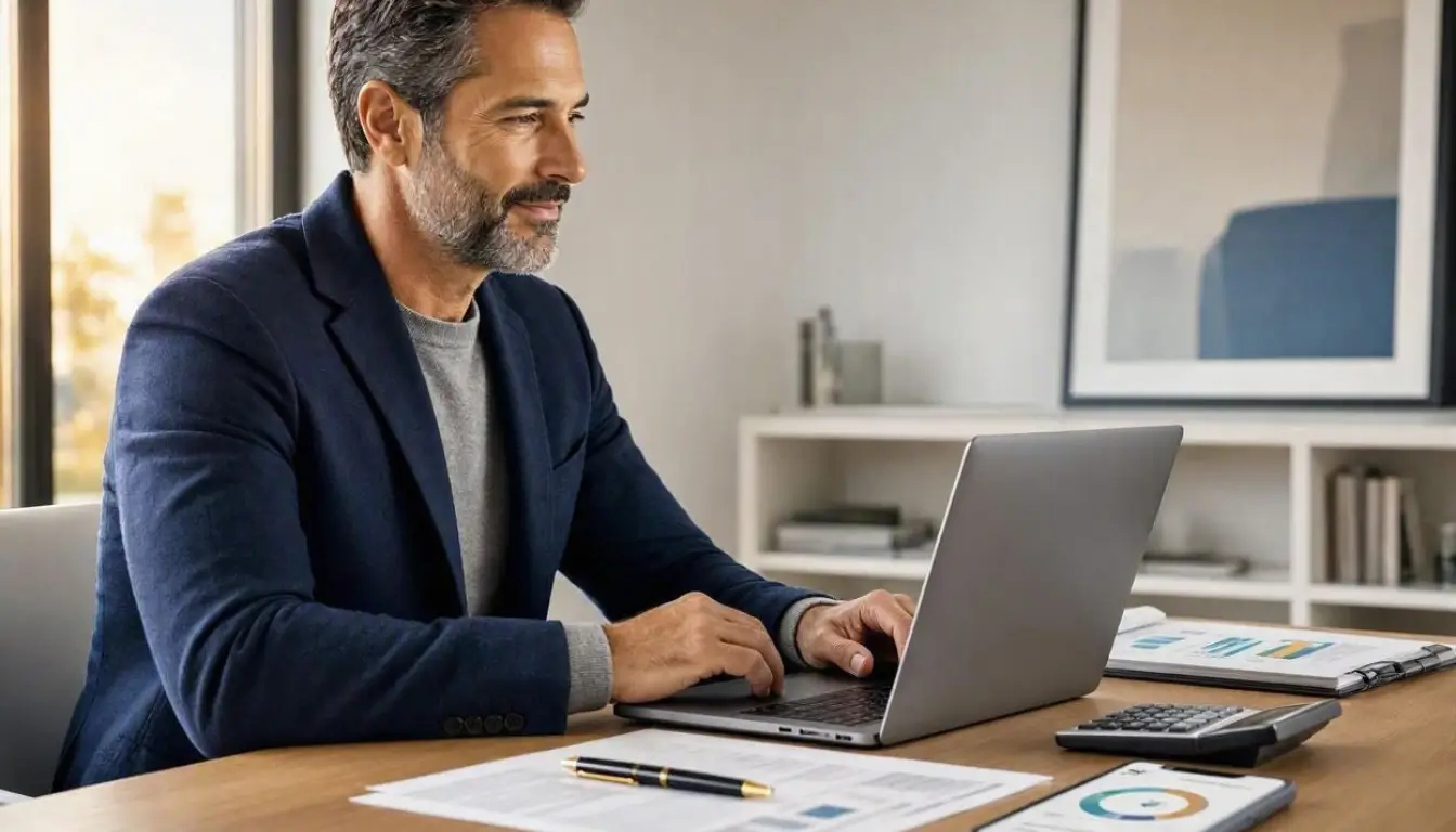 a financially successful American adult reviewing money market account rates on a laptop in an elegant modern home office