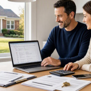 an American couple comparing mortgage offers on a laptop at a bright modern kitchen table