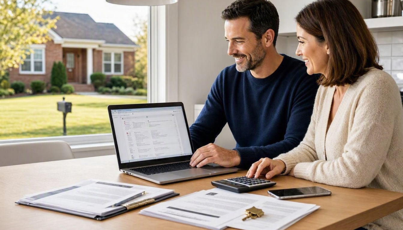an American couple comparing mortgage offers on a laptop at a bright modern kitchen table