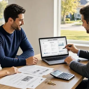 a leading U.S. mortgage and real-estate finance publication, American couple in their early 30s reviewing home mortgage options with a professional mortgage advisor in a bright modern office