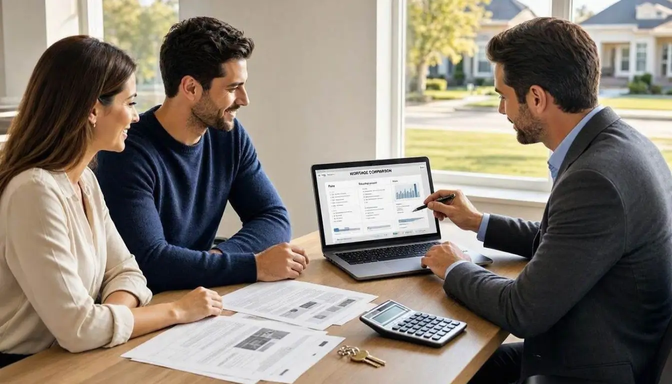 a leading U.S. mortgage and real-estate finance publication, American couple in their early 30s reviewing home mortgage options with a professional mortgage advisor in a bright modern office