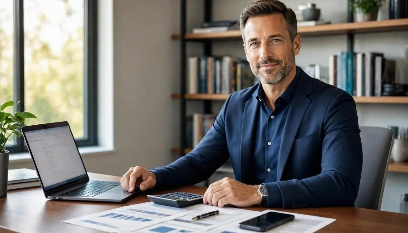an American borrower with strong credit reviewing personal loan offers on a laptop, calculator, smartphone and financial documents on a modern desk