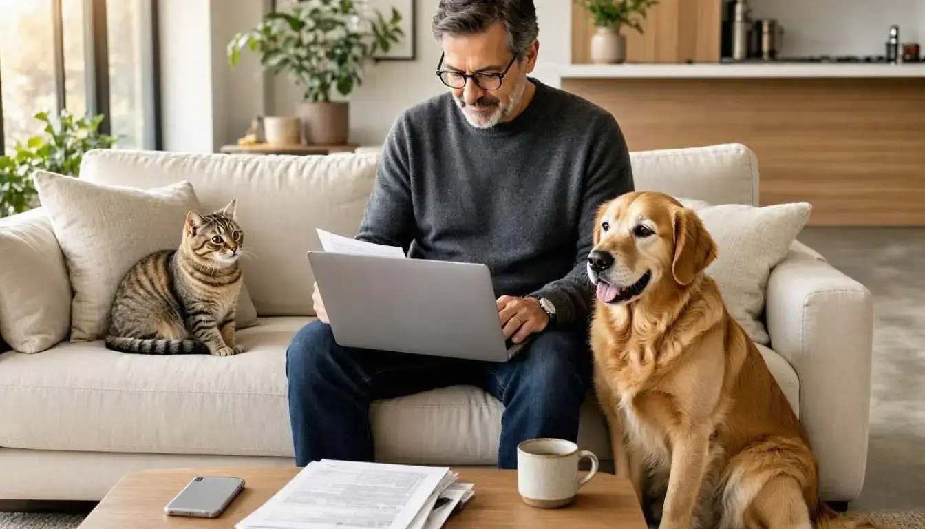 a happy American dog and cat with their owner in a modern home, owner reviewing pet insurance documents on a laptop, subtle veterinary paperwork and smartphone nearby, warm natural lighting
