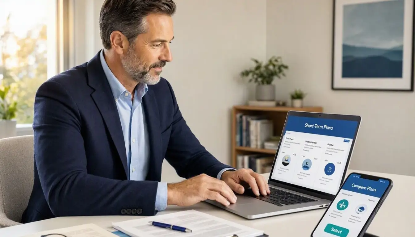 an American adult reviewing short-term health insurance options on a laptop at a modern home office, smartphone displaying a healthcare comparison interface, subtle medical documents on desk