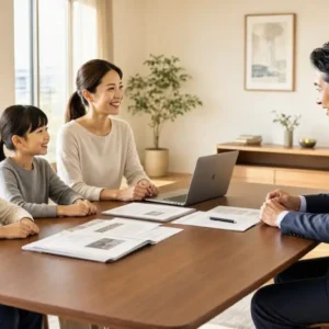 an American family reviewing term life insurance options with a financial advisor in a bright modern home, parents with children