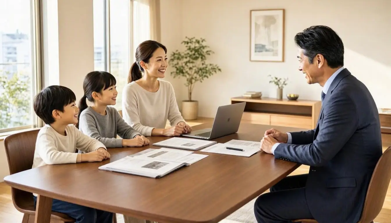 an American family reviewing term life insurance options with a financial advisor in a bright modern home, parents with children