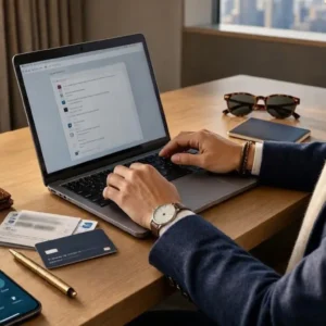 American traveler planning an international trip on a laptop with generic travel rewards credit cards on a modern desk