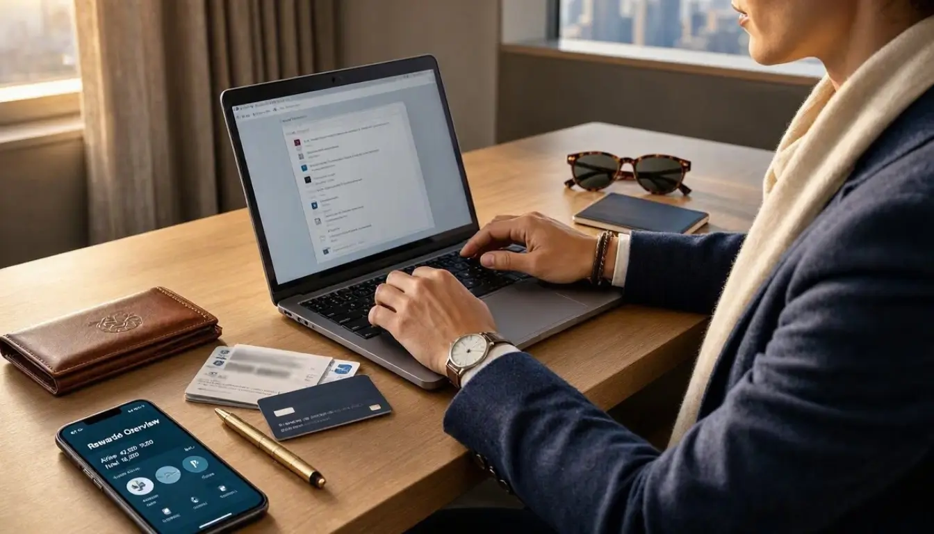 American traveler planning an international trip on a laptop with generic travel rewards credit cards on a modern desk