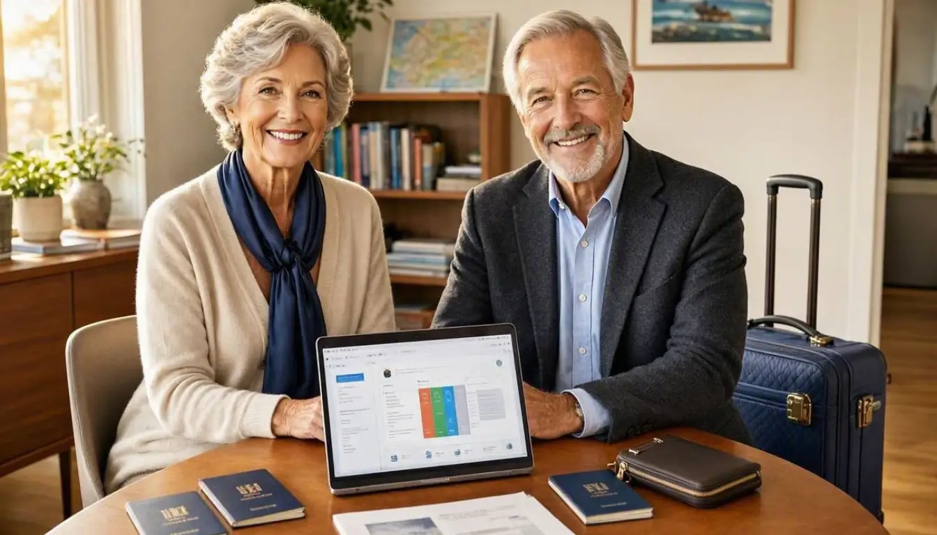 an American senior couple preparing for an international trip at home, passports and luggage beside them, laptop displaying a travel insurance comparison, elegant vacation atmosphere,