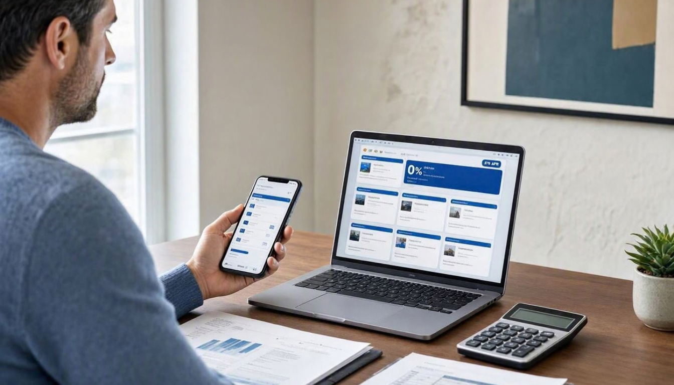 Professional editorial finance photography showing an American consumer comparing 0% APR credit card offers on a laptop at a clean modern home office, smartphone displaying a generic credit card comparison interfac