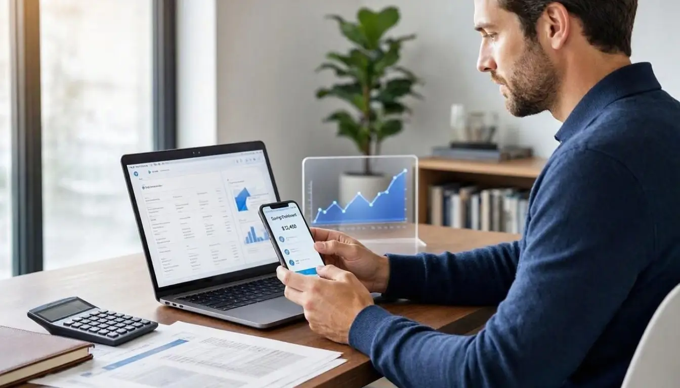 Professional editorial finance photography of an American saver reviewing certificate of deposit options on a laptop at a modern home office desk, smartphone showing a clean savings dashboard, printed financial documents and calculator nearby