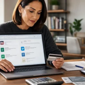 American consumer comparing 0% APR credit card offers on a laptop, modern desk with generic credit cards, calculator, smartphone showing a clean financial dashboard and paperwork, sophisticated contemporary American home office